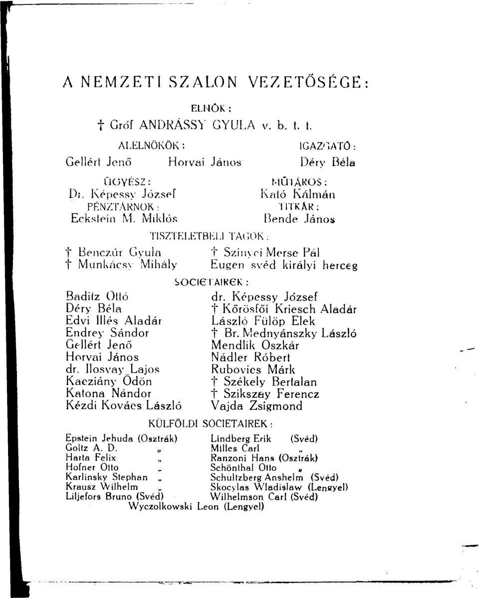 dr. Ilosvay Lajos Kaeziány Ödön Katona Nándor Kézdi Kovács László TISZTELETBELI TAGOK : socieiaikek t Szinyci Merse Pál Eugen svéd királyi herceg dr.