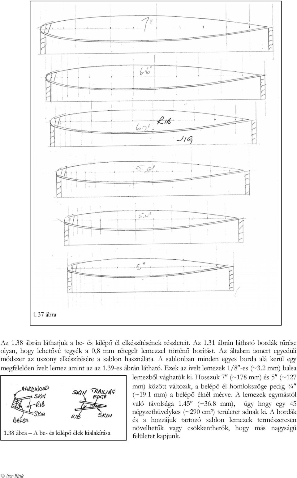 Ezek az ívelt lemezek 1/8 -es (~3.2 mm) balsa lemezből vághatók ki. Hosszuk 7 (~178 mm) és 5 (~127 mm) között változik, a belépő él homlokszöge pedig ¾ (~19.1 mm) a belépő élnél mérve.