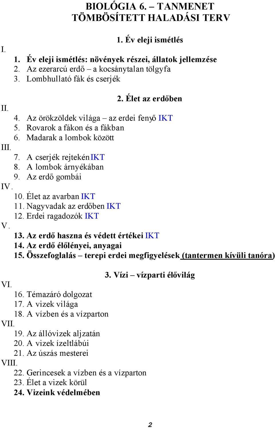 A lombok árnyékában 9. Az erdő gombái IV. 10. Élet az avarban IKT 11. Nagyvadak az erdőben IKT 12. Erdei ragadozók IKT V. 13. Az erdő haszna és védett értékei IKT 14. Az erdő élőlényei, anyagai 15.