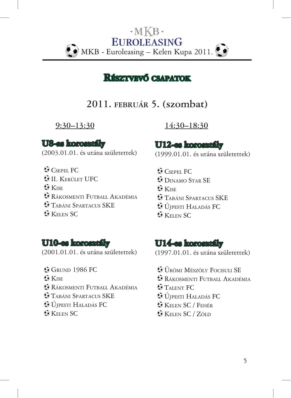 01. és utána születettek) Csepel FC Dinamo Star SE Kise Tabáni Spartacus SKE Újpesti Haladás FC U10-es korosztály (2001.01.01. és utána születettek) Gr u n d 1986 FC Kise Rákosmenti Futball Akadémia Tabáni Spartacus SKE Újpesti Haladás FC U14-es korosztály (1997.
