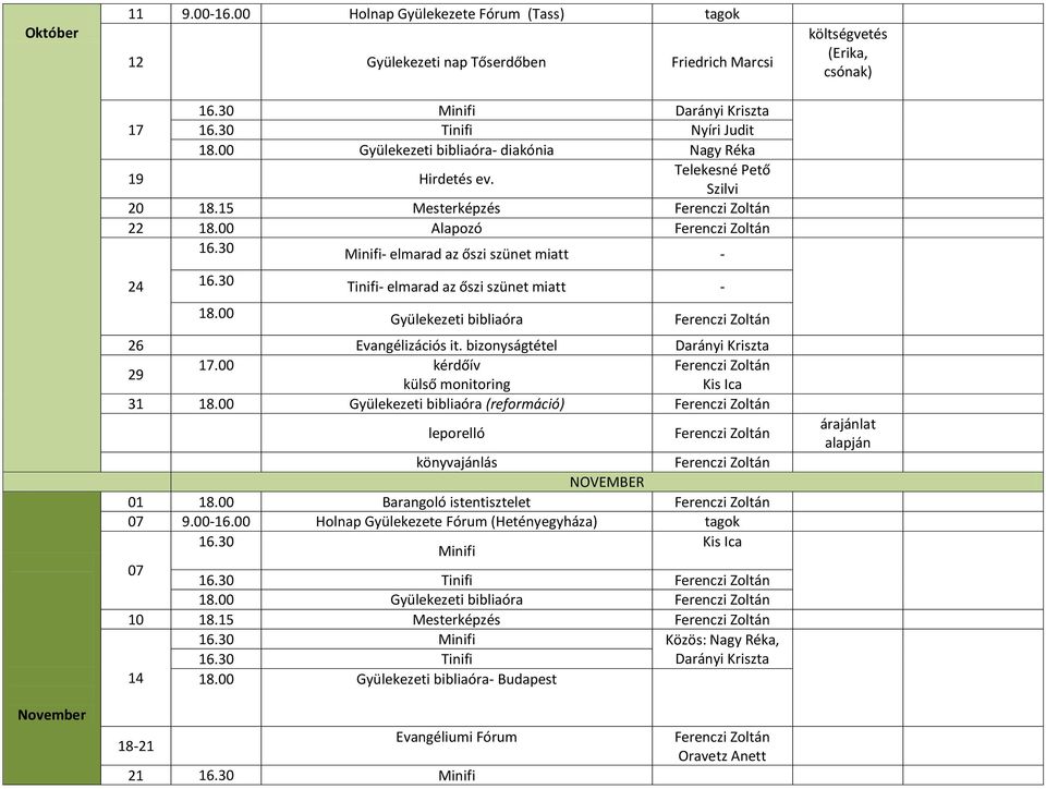 00 Alapozó Minifi- elmarad az őszi szünet miatt - (Erika, csónak) 24 - elmarad az őszi szünet miatt - 26 Evangélizációs it. bizonyságtétel Darányi Kriszta 17.00 kérdőív 29 külső monitoring 31 18.