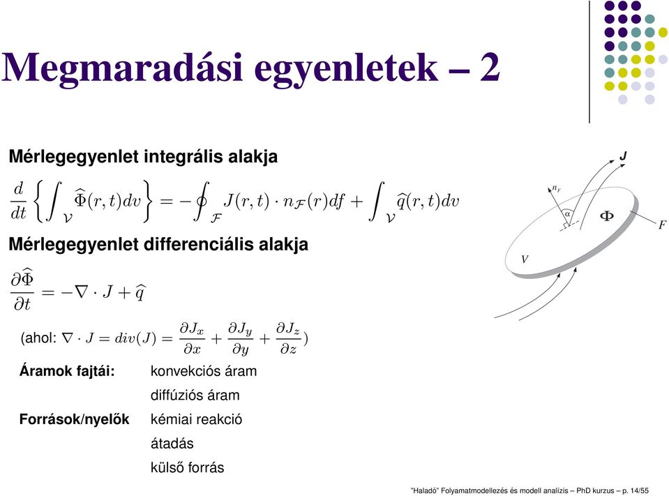 div(j) = J x x + J y y + J z z ) Áramok fajtái: konvekciós áram diffúziós áram Források/nyelők