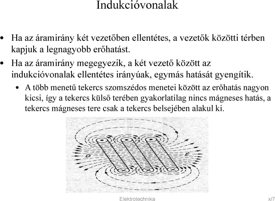 Ha az áramirány megegyezik, a két vezető között az indukcióvonalak ellentétes irányúak, egymás hatását