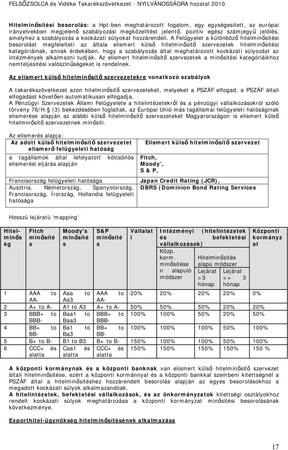 A Felügyelet a különböző hitelminősítési besorolást megfelelteti az általa elismert külső hitelminősítő szervezetek hitelminősítési kategóriáinak, annak érdekében, hogy a szabályozás által