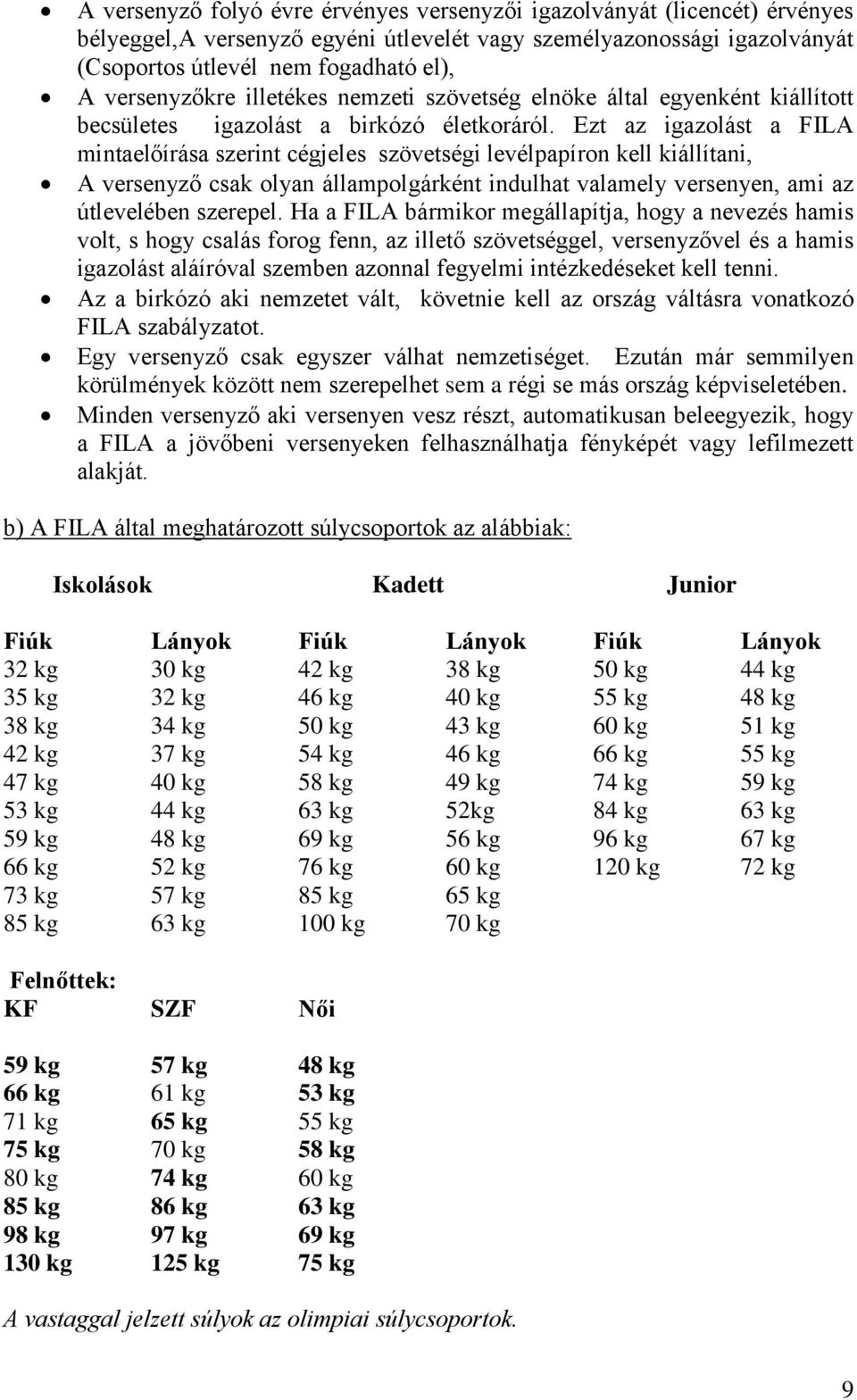 Ezt az igazolást a FILA mintaelőírása szerint cégjeles szövetségi levélpapíron kell kiállítani, A versenyző csak olyan állampolgárként indulhat valamely versenyen, ami az útlevelében szerepel.