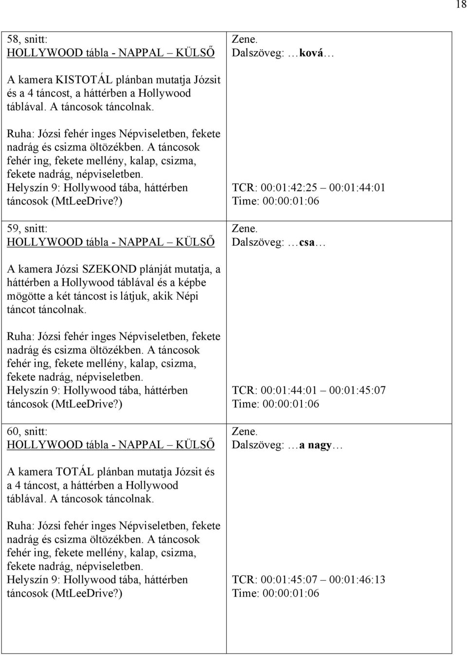 ) 59, snitt: HOLLYWOOD tábla - NAPPAL KÜLSŐ TCR: 00:01:42:25 00:01:44:01 Time: 00:00:01:06 Dalszöveg: csa A kamera Józsi SZEKOND plánját mutatja, a háttérben a Hollywood táblával és a képbe mögötte a