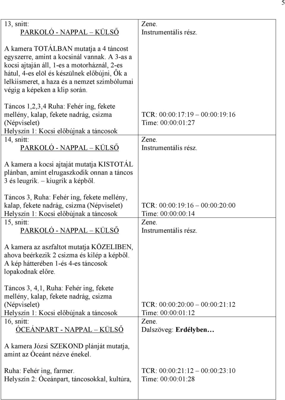 Táncos 1,2,3,4 Ruha: Fehér ing, fekete mellény, kalap, fekete nadrág, csizma (Népviselet) Helyszín 1: Kocsi előbújnak a 14, snitt: PARKOLÓ - NAPPAL KÜLSŐ TCR: 00:00:17:19 00:00:19:16 Time: