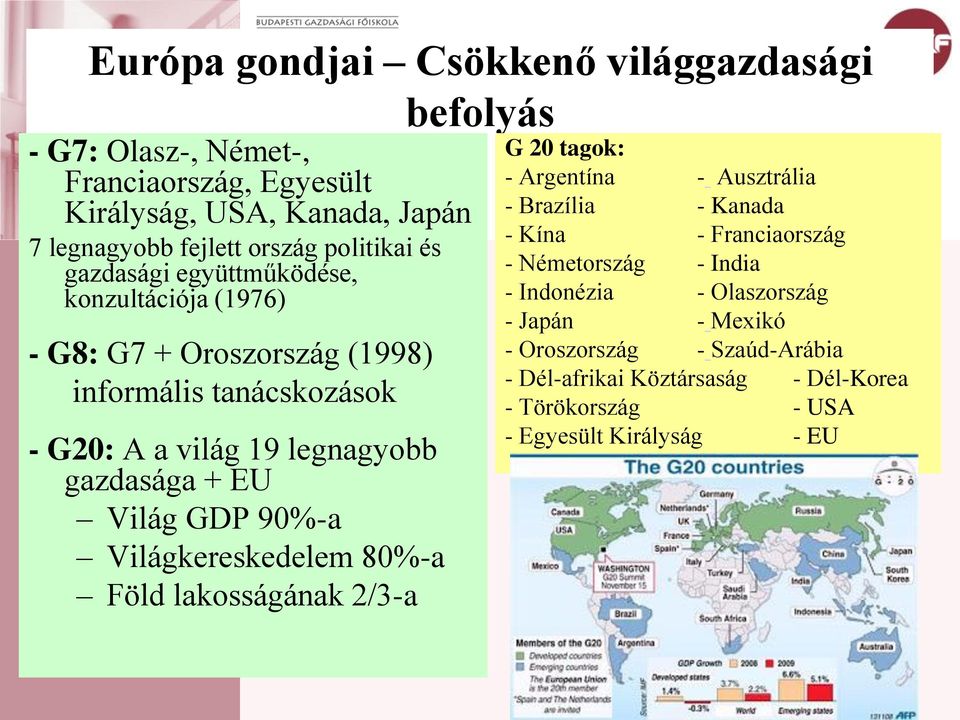 EU Világ GDP 90%-a Világkereskedelem 80%-a Föld lakosságának 2/3-a G 20 tagok: - Argentína - Ausztrália - Brazília - Kanada - Kína - Franciaország -