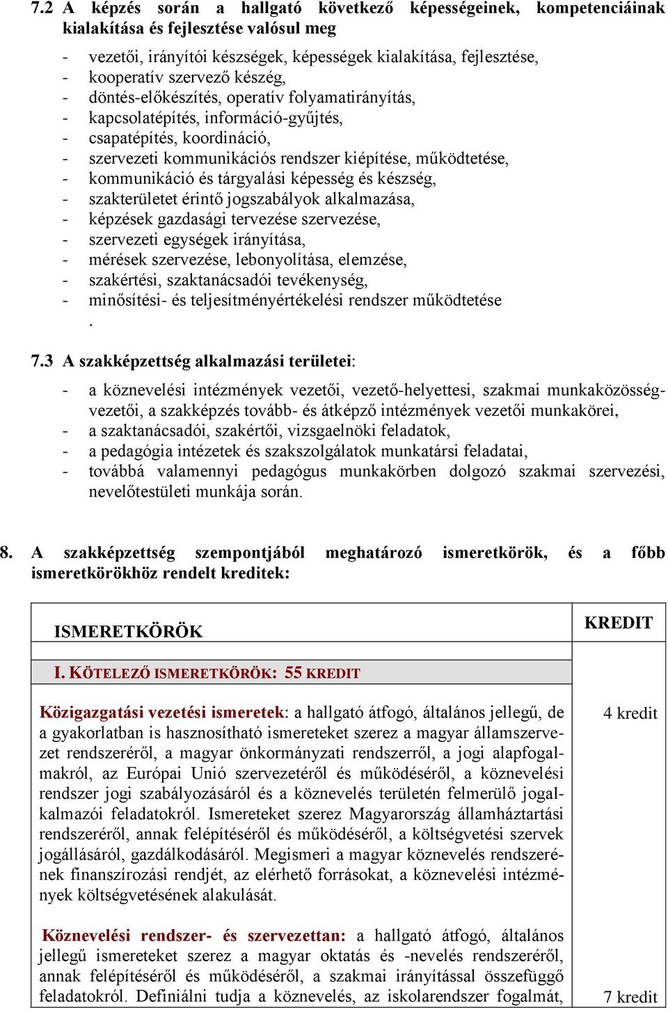 kommunikáció és tárgyalási képesség és készség, - szakterületet érintő jogszabályok alkalmazása, - képzések gazdasági tervezése szervezése, - szervezeti egységek irányítása, - mérések szervezése,