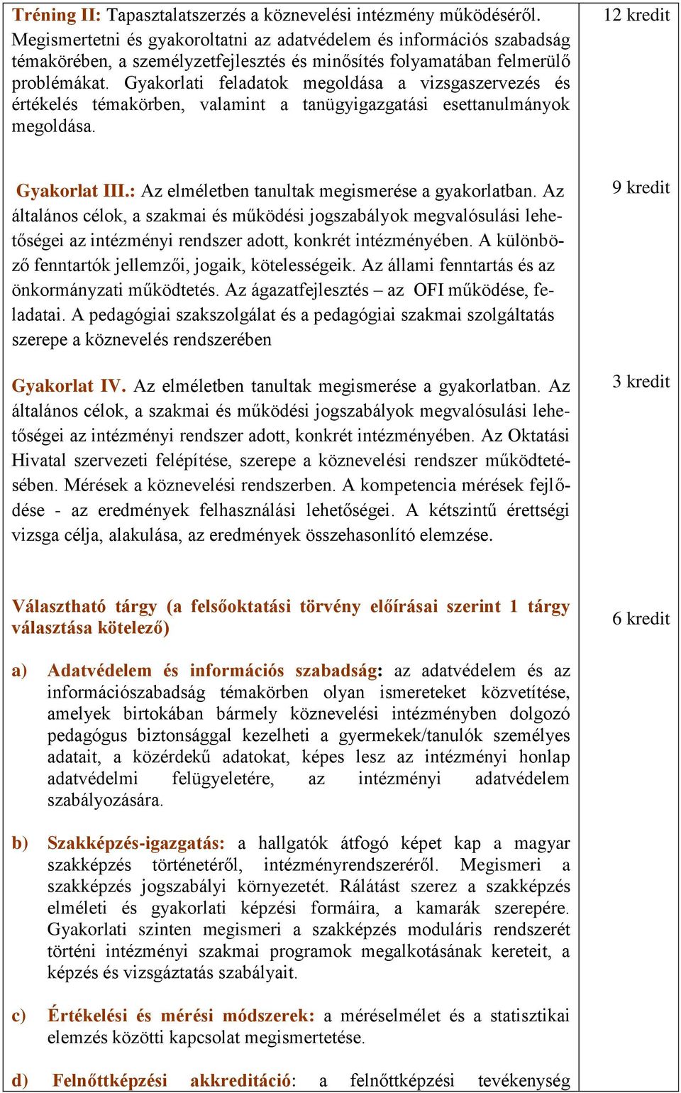 Gyakorlati feladatok megoldása a vizsgaszervezés és értékelés témakörben, valamint a tanügyigazgatási esettanulmányok megoldása. 12 kredit Gyakorlat III.