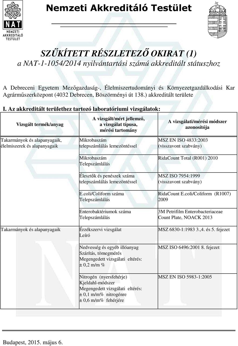 Az akkreditált területhez tartozó laboratóriumi vizsgálatok: Takarmányok és alapanyagaik, élelmiszerek és alapanyagaik Takarmányok és alapanyagaik Mikrobaszám telepszámlálás lemezöntéssel Mikrobaszám