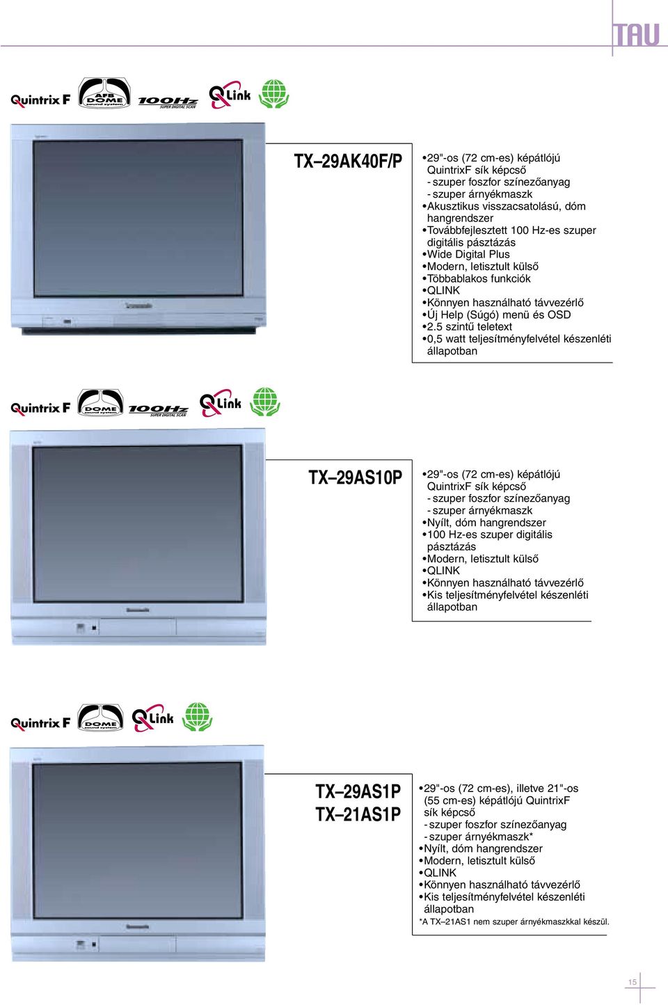 5 szintû teletext 0,5 watt teljesítményfelvétel készenléti állapotban TX 29AS10P 29"-os (72 cm-es) képátlójú QuintrixF sík képcsõ - szuper foszfor színezõanyag - szuper árnyékmaszk Nyílt, dóm