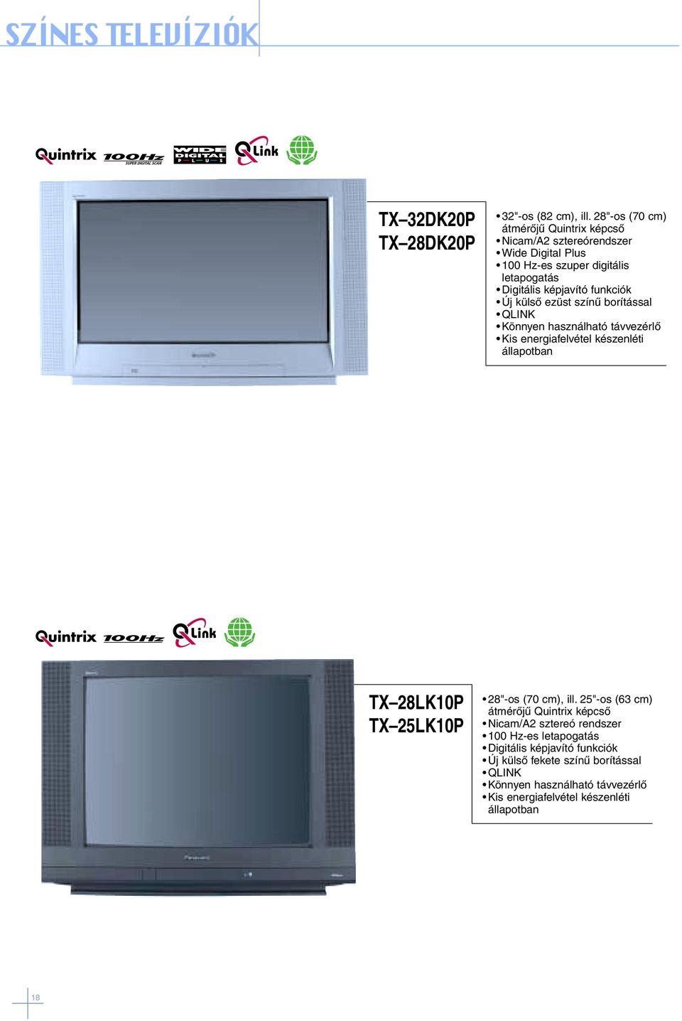funkciók Új külsõ ezüst színû borítással QLINK Könnyen használható távvezérlõ Kis energiafelvétel készenléti állapotban TX 28LK10P TX 25LK10P 28"-os