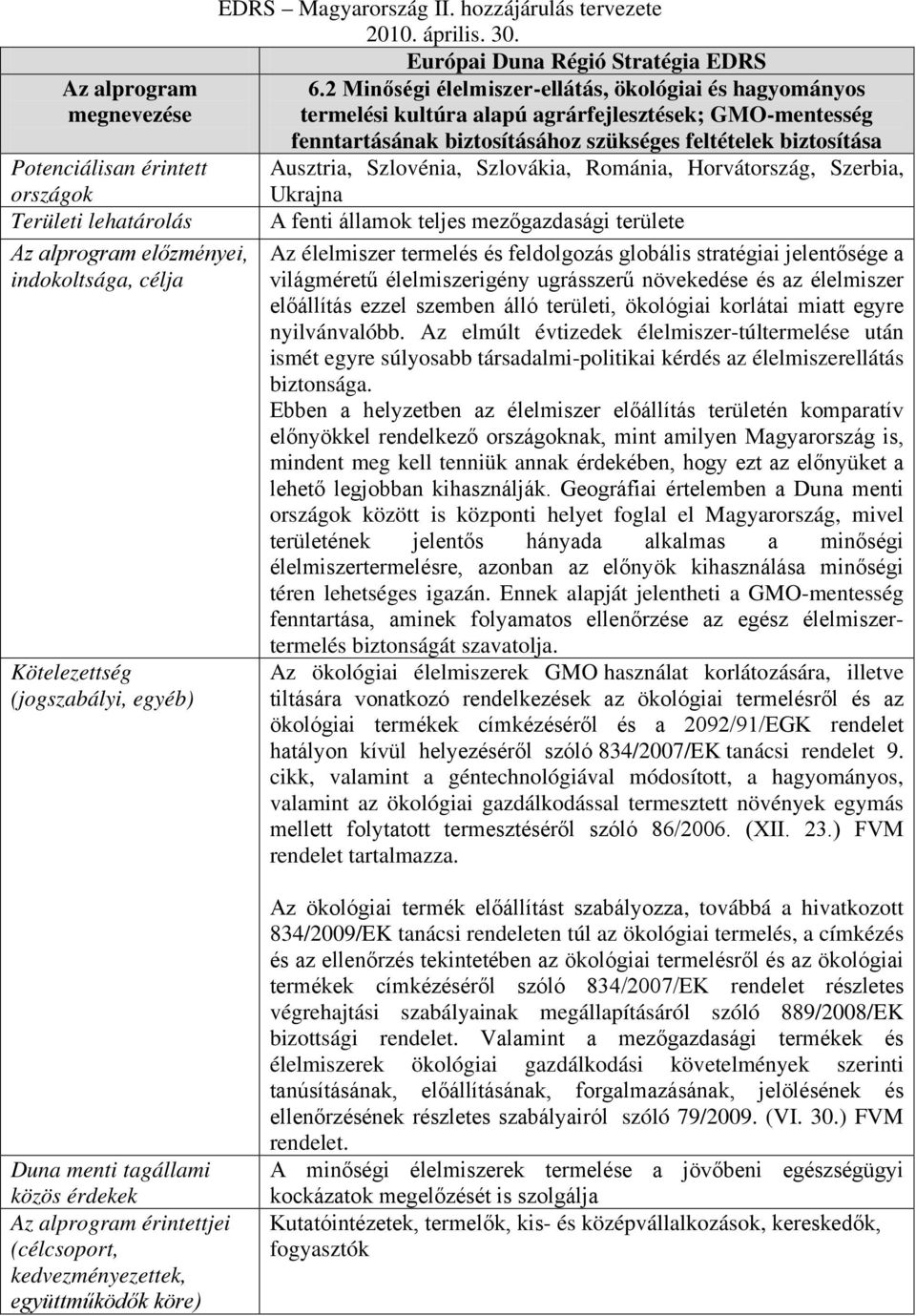 2 Minőségi élelmiszer-ellátás, ökológiai és hagyományos termelési kultúra alapú agrárfejlesztések; GMO-mentesség fenntartásának biztosításához szükséges feltételek biztosítása Ausztria, Szlovénia,