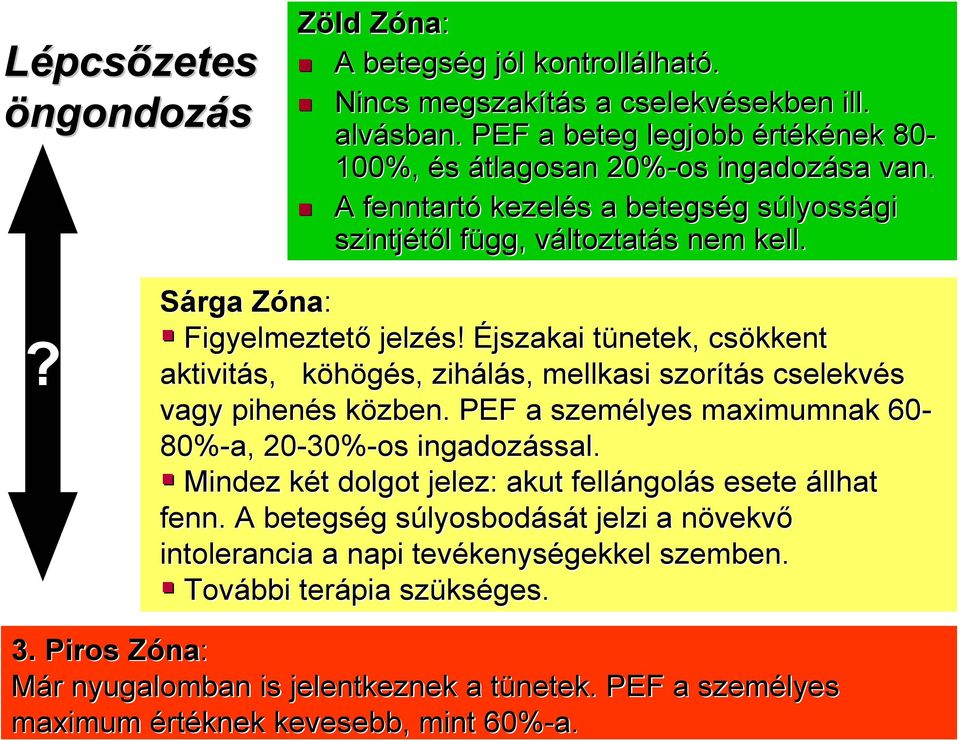 Éjszakai tünetek, csökkent aktivitás, köhögés, zihálás, mellkasi szorítás cselekvés vagy pihenés közben. PEF a személyes maximumnak 60-80%-a, 20-30% 30%-os ingadozással.