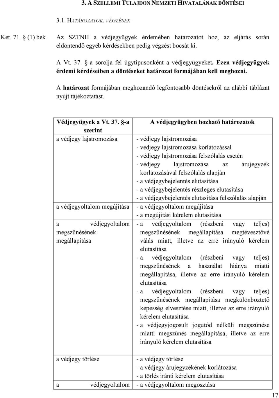 Ezen védjegyügyek érdemi kérdéseiben a döntéseket határozat formájában kell meghozni. A határozat formájában meghozandó legfontosabb döntésekről az alábbi táblázat nyújt tájékoztatást.