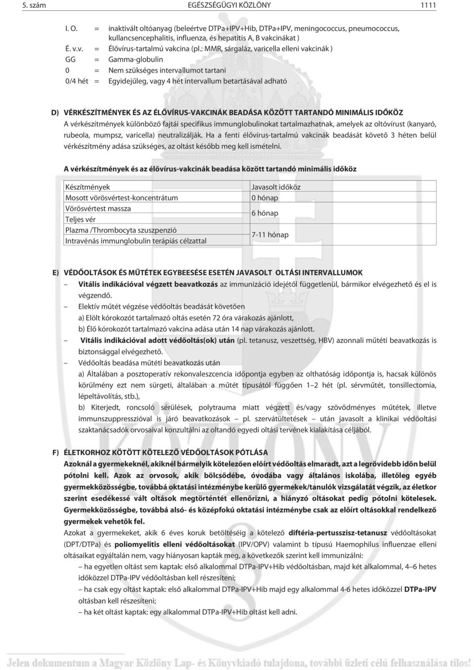 ÉLÕVÍRUS-VAKCINÁK BEADÁSA KÖZÖTT TARTANDÓ MINIMÁLIS IDÕKÖZ A vérkészítmények különbözõ fajtái specifikus immunglobulinokat tartalmazhatnak, amelyek az oltóvírust (kanyaró, rubeola, mumpsz, varicella)