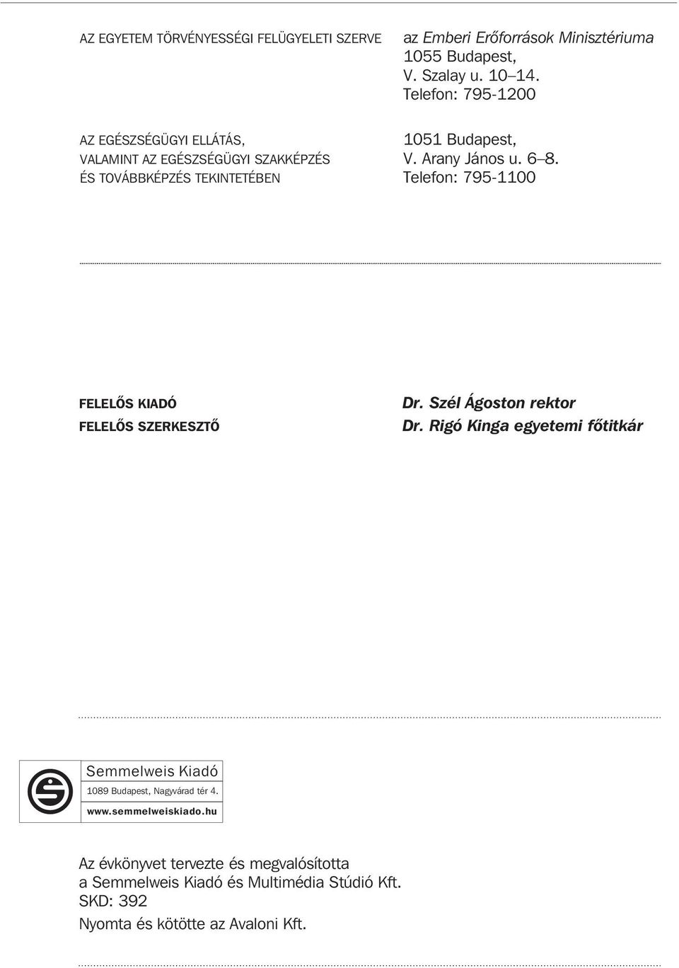 ÉS TOVÁBBKÉPZÉS TEKINTETÉBEN Telefon: 795-1100 FELELÕS KIADÓ FELELÕS SZERKESZTÕ Dr. Szél Ágoston rektor Dr.