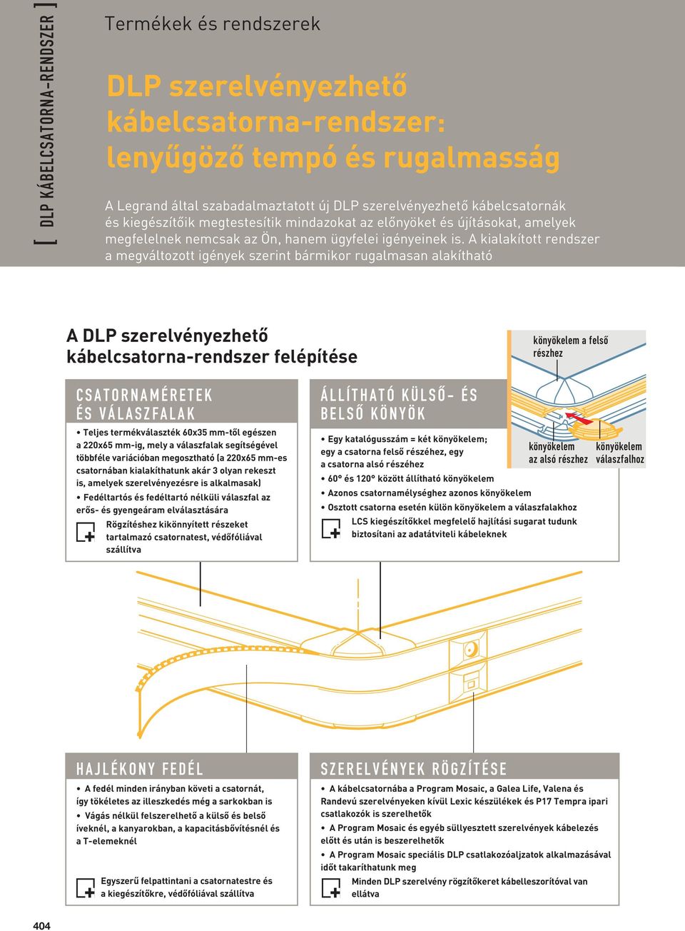 A kialakított rendszer a megváltozott igények szerint bármikor rugalmasan alakítható A DLP szerelvényezhető kábelcsatorna-rendszer felépítése könyökelem a felső részhez CSATORNAMÉRETEK ÉS VÁLASZFALAK