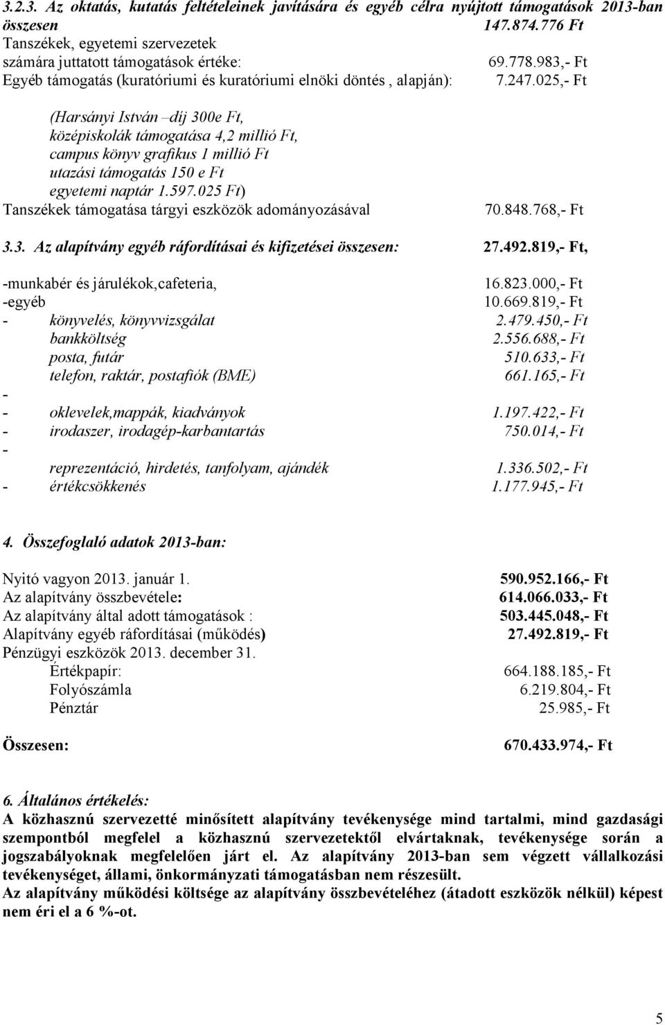 025,- Ft (Harsányi István díj 300e Ft, középiskolák támogatása 4,2 millió Ft, campus könyv grafikus 1 millió Ft utazási támogatás 150 e Ft egyetemi naptár 1.597.