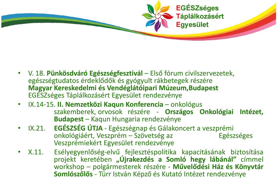rendezvénye IX.14 15. II. Nemzetközi Kaqun Konferencia onkológus szakemberek, orvosok részére Országos Onkológiai Intézet, Budapest Kaqun Hungaria rendezvénye IX.21.