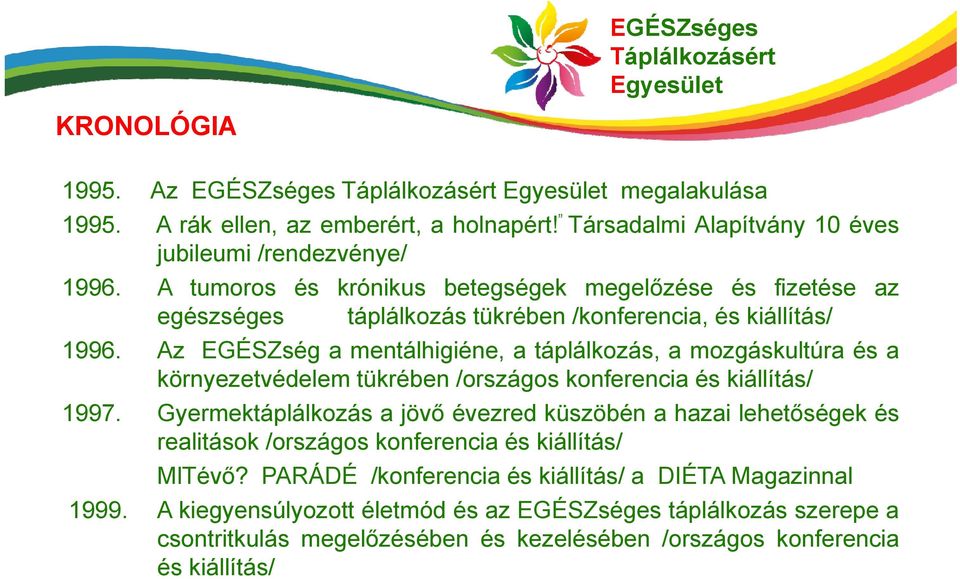 Az EGÉSZség a mentálhigiéne, a táplálkozás, a mozgáskultúra és a környezetvédelem tükrében /országos konferencia és kiállítás/ 1997.