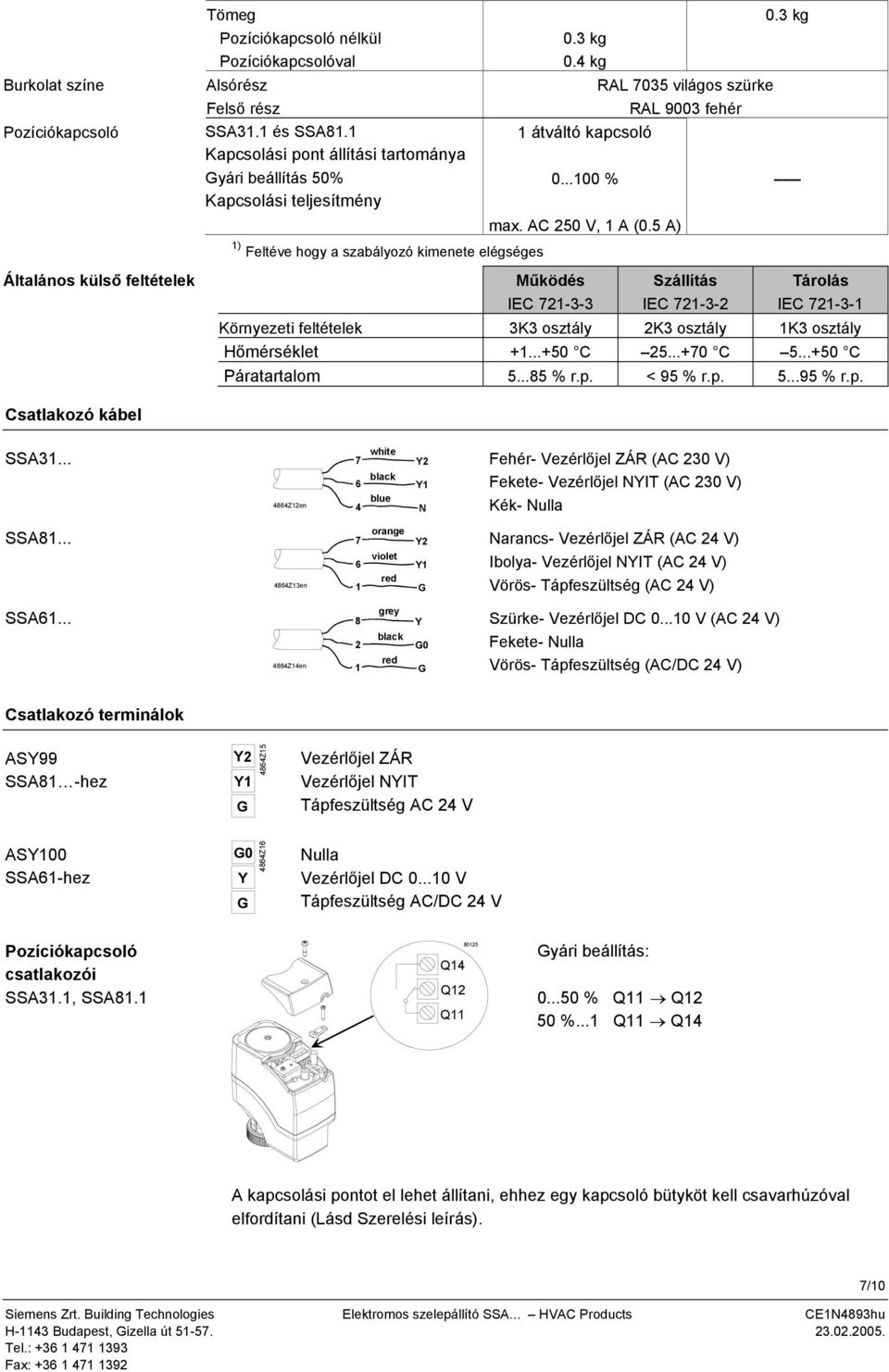 Szállítás IEC 721-3-2 Tárolás IEC 721-3-1 Környezeti feltételek 3K3 osztály 2K3 osztály 1K3 osztály Hőmérséklet +1+50 C 25+70 C 5+50 C Páratartalom 585 % rp < 95 % rp 595 % rp Csatlakozó kábel SSA31