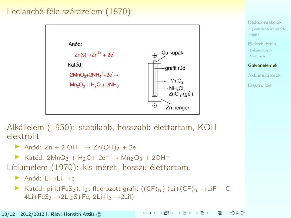 + 2e Katód: 2MnO 2 + H 2 O+ 2e Mn 2 O 3 + 2OH Lítiumelem (1970): kis méret, hosszú élettartam.