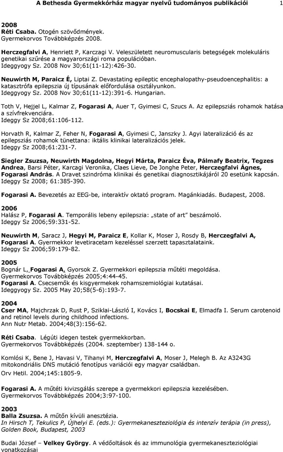 Devastating epileptic encephalopathy-pseudoencephalitis: a katasztrófa epilepszia új típusának előfordulása osztályunkon. Ideggyogy Sz. 2008 Nov 30;61(11-12):391-6. Hungarian.