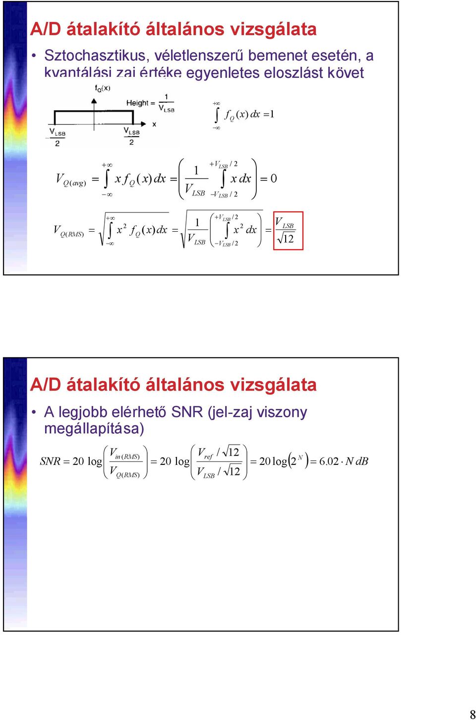 f Q ( x) dx V LSB x VLSB / 2 V LSB / 2 2 V LSB dx 2 A/D átalakító általános vizsgálata A legjobb elérhetősnr