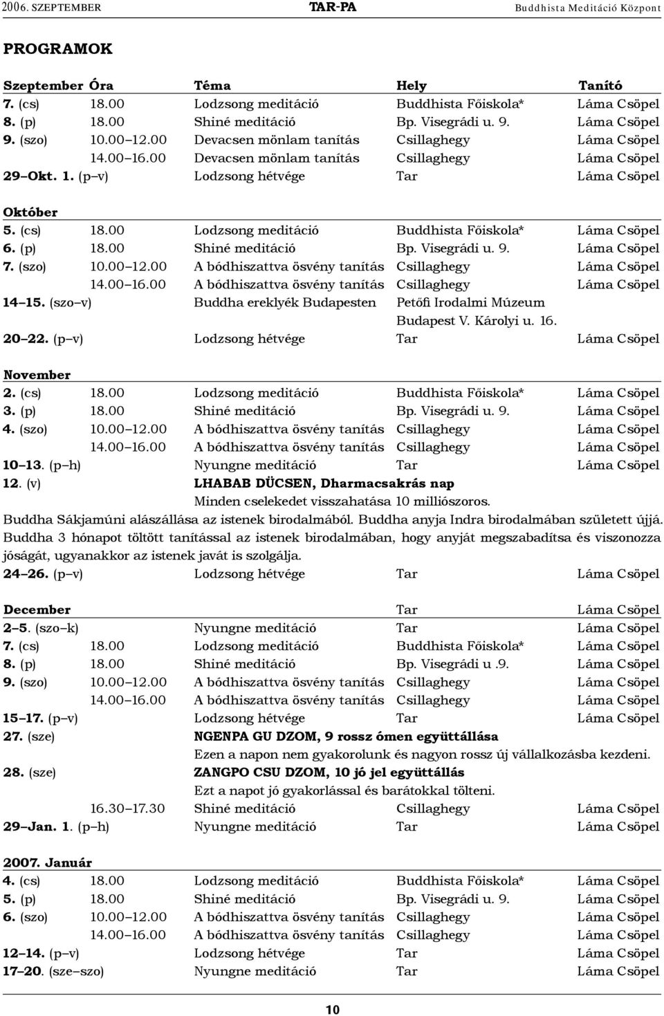 00 Lodzsong meditáció Buddhista Főiskola* Láma Csöpel 6. (p) 18.00 Shiné meditáció Bp. Visegrádi u. 9. Láma Csöpel 7. (szo) 10.00 12.00 A bódhiszattva ösvény tanítás Csillaghegy Láma Csöpel 14.00 16.