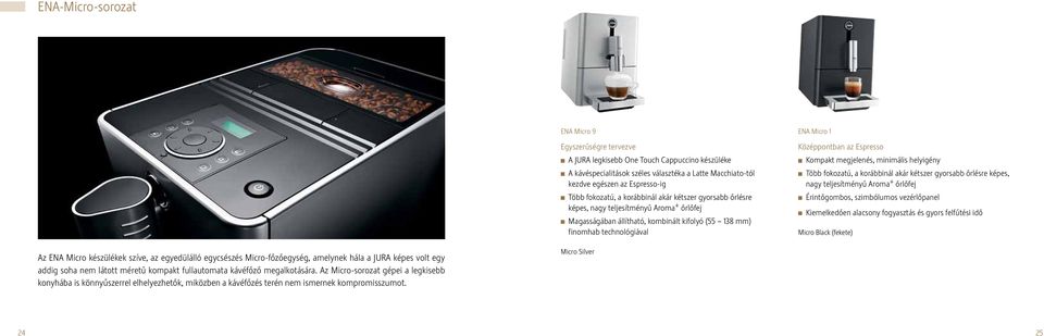 az Espresso Kompakt megjelenés, minimális helyigény Több fokozatú, a korábbinál akár kétszer gyorsabb őrlésre képes, nagy teljesítményű Aroma + őrlőfej Érintőgombos, szimbólumos vezérlőpanel
