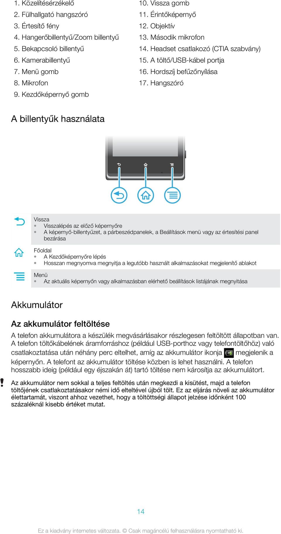 Hangszóró A billentyűk használata Vissza Visszalépés az előző képernyőre A képernyő-billentyűzet, a párbeszédpanelek, a Beállítások menü vagy az értesítési panel bezárása Főoldal A Kezdőképernyőre