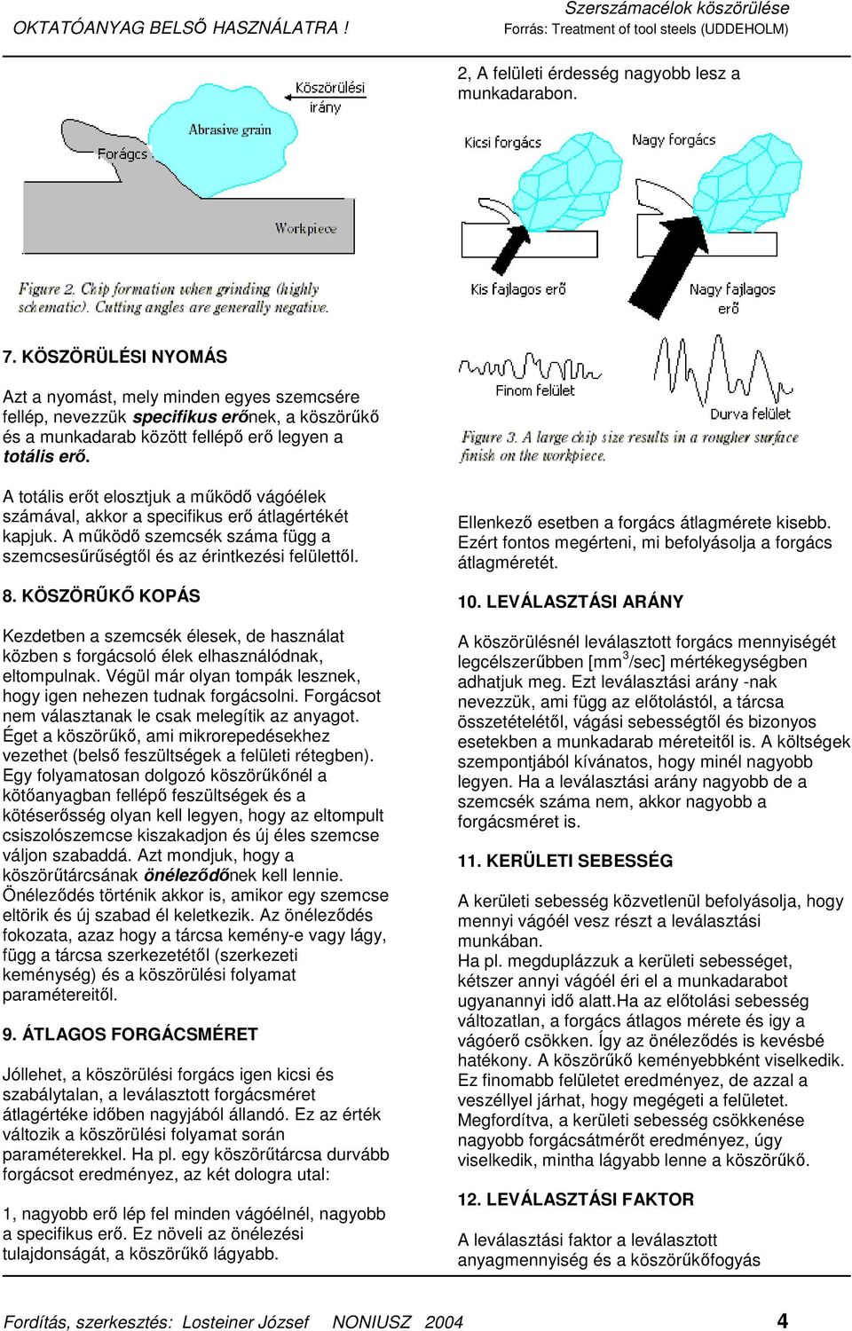 A totális erıt elosztjuk a mőködı vágóélek számával, akkor a specifikus erı átlagértékét kapjuk. A mőködı szemcsék száma függ a szemcsesőrőségtıl és az érintkezési felülettıl. 8.