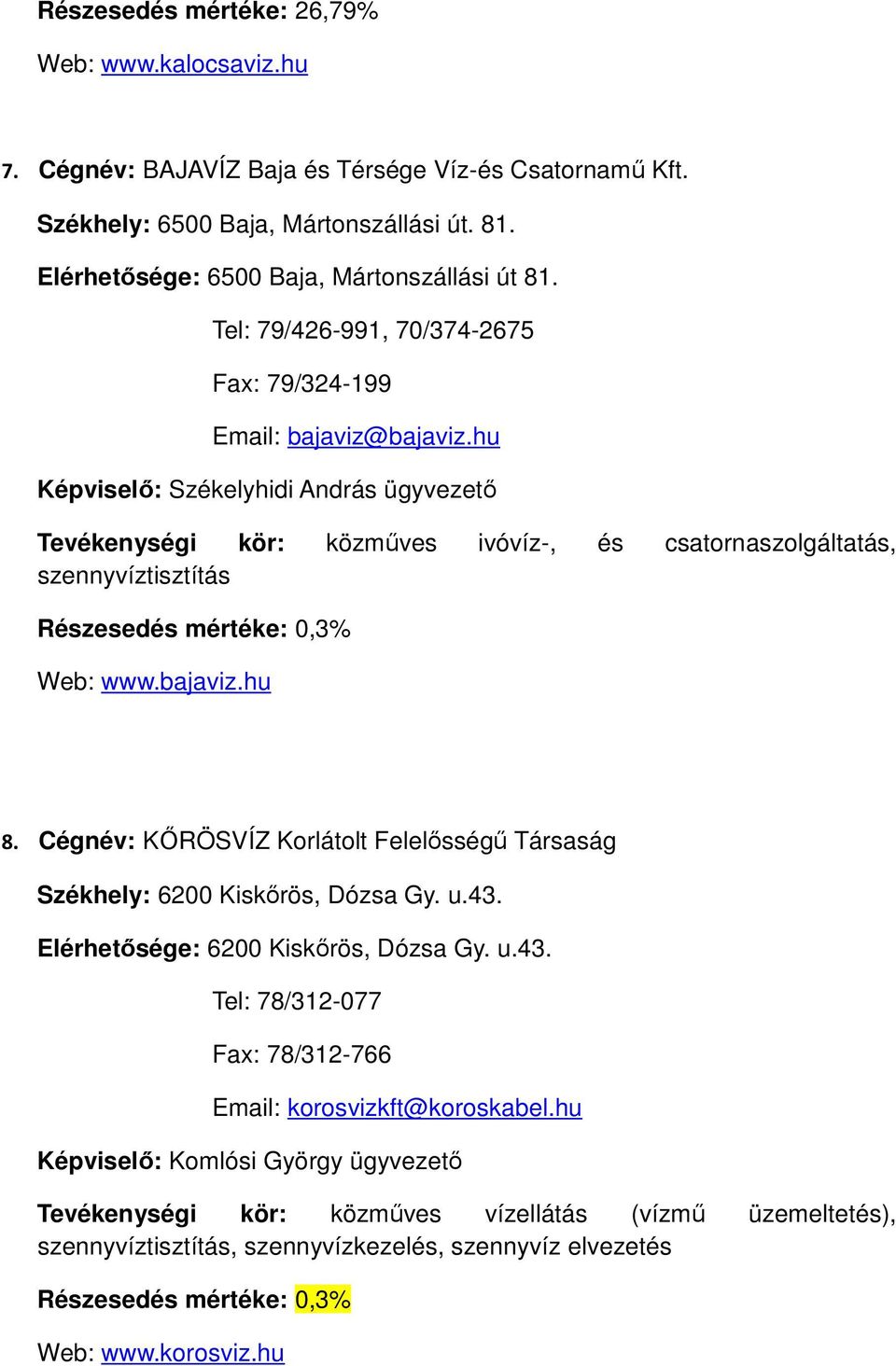 hu Képviselő: Székelyhidi András ügyvezető Tevékenységi kör: közműves ivóvíz-, és csatornaszolgáltatás, szennyvíztisztítás Részesedés mértéke: 0,3% Web: www.bajaviz.hu 8.