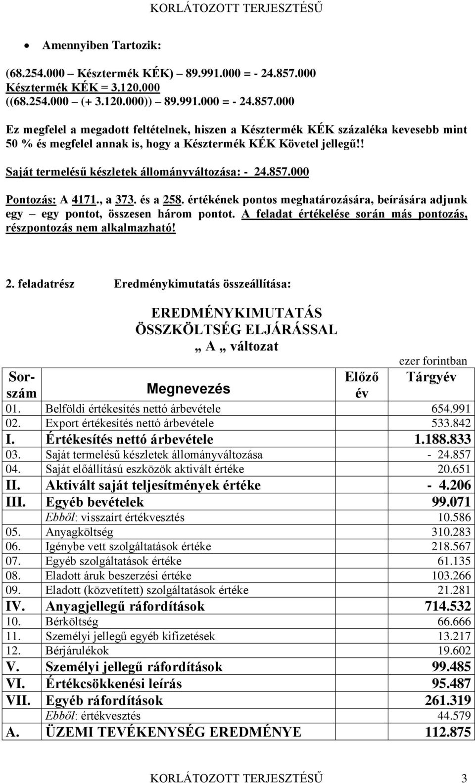 000 Ez megfelel a megadott feltételnek, hiszen a Késztermék KÉK százaléka kevesebb mint 50 % és megfelel annak is, hogy a Késztermék KÉK Követel jellegű!