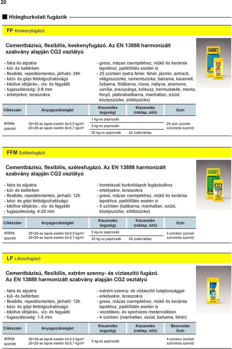 erkélyekre, teraszokra árlista szerint 30 30-as lapok esetén kb:0,5 kg/m 2 20 20-as lapok esetén kb:0,7 kg/m 2 - gress, mázas csempékhez, műkő és kerámia lapokhoz, padlófűtés esetén is - 25 színben