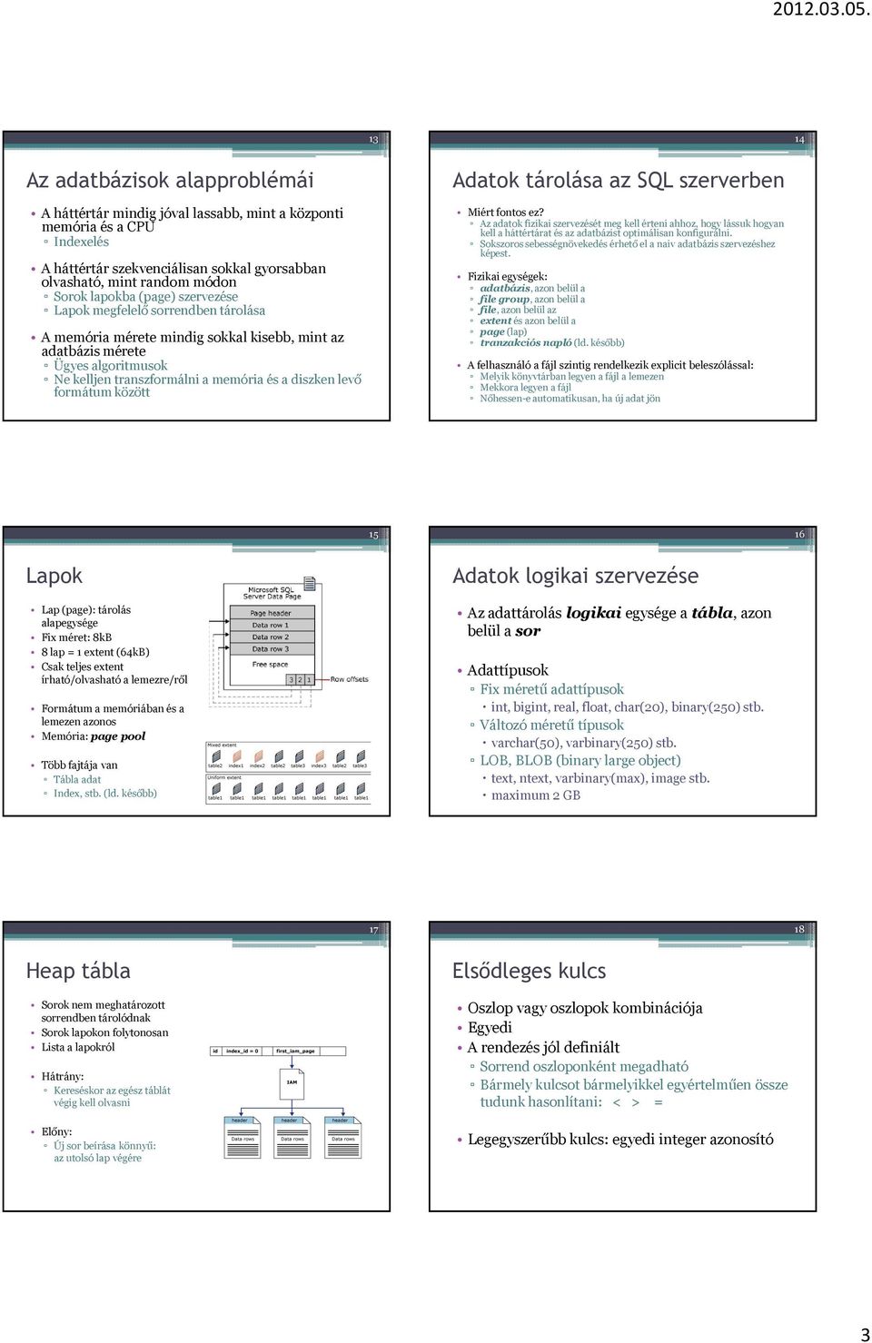 formátum között Adatok tárolása az SQL szerverben Miért fontos ez? Az adatok fizikai szervezését meg kell érteni ahhoz, hogy lássuk hogyan kell a háttértárat és az adatbázist optimálisan konfigurálni.