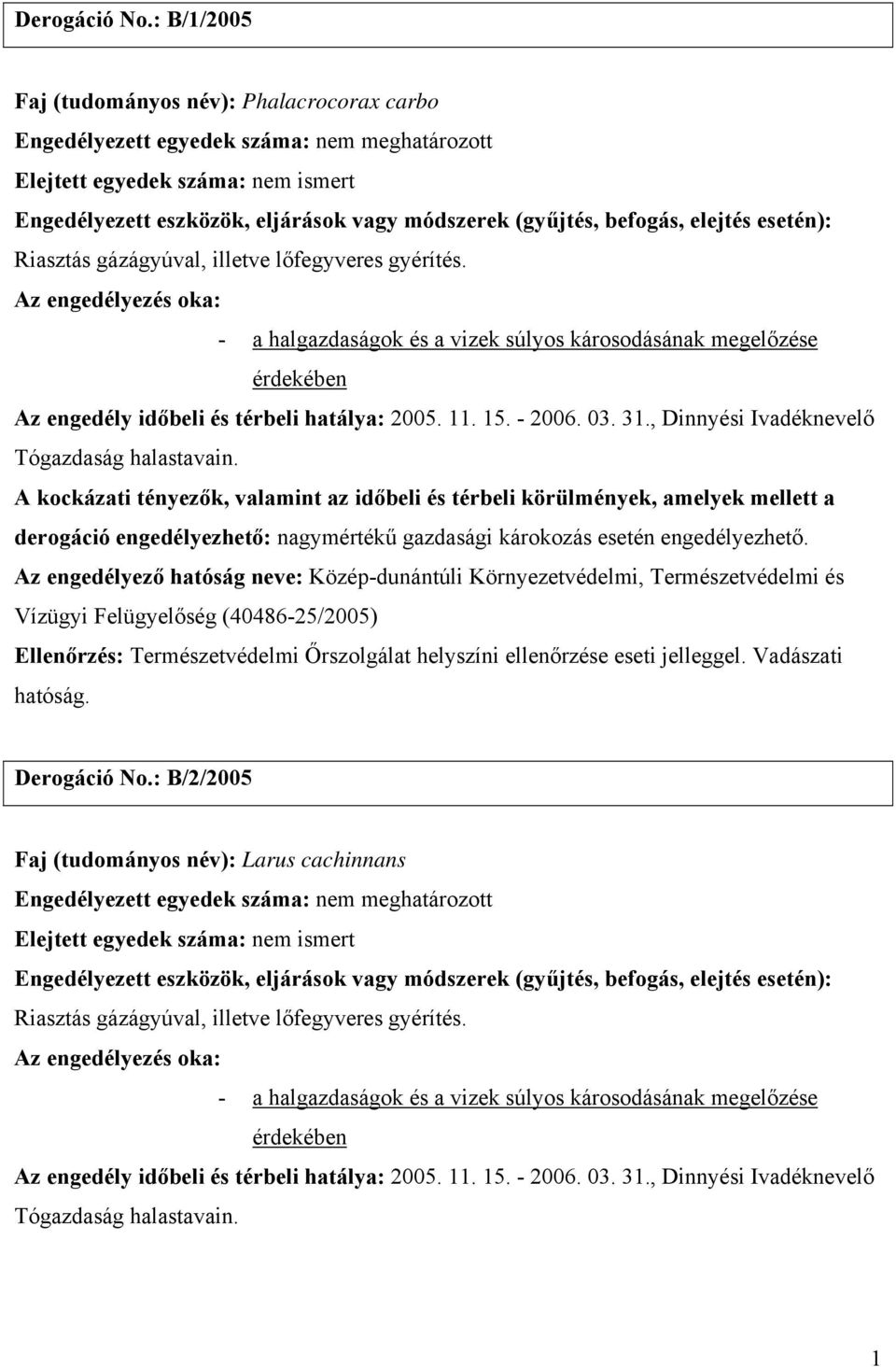 Az engedélyező hatóság neve: Közép-dunántúli Környezetvédelmi, Természetvédelmi és Vízügyi Felügyelőség (40486-25/2005) Derogáció No.