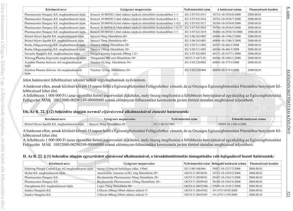 meghatalmazott útján Retacrit 10 000NE/1,0ml oldatos injekció elõretöltött fecskendõben 6 1 EU/1/07/431/016 58763-10-2934/7/2008 2008.08.01 Pharmacenter Hungary Kft.