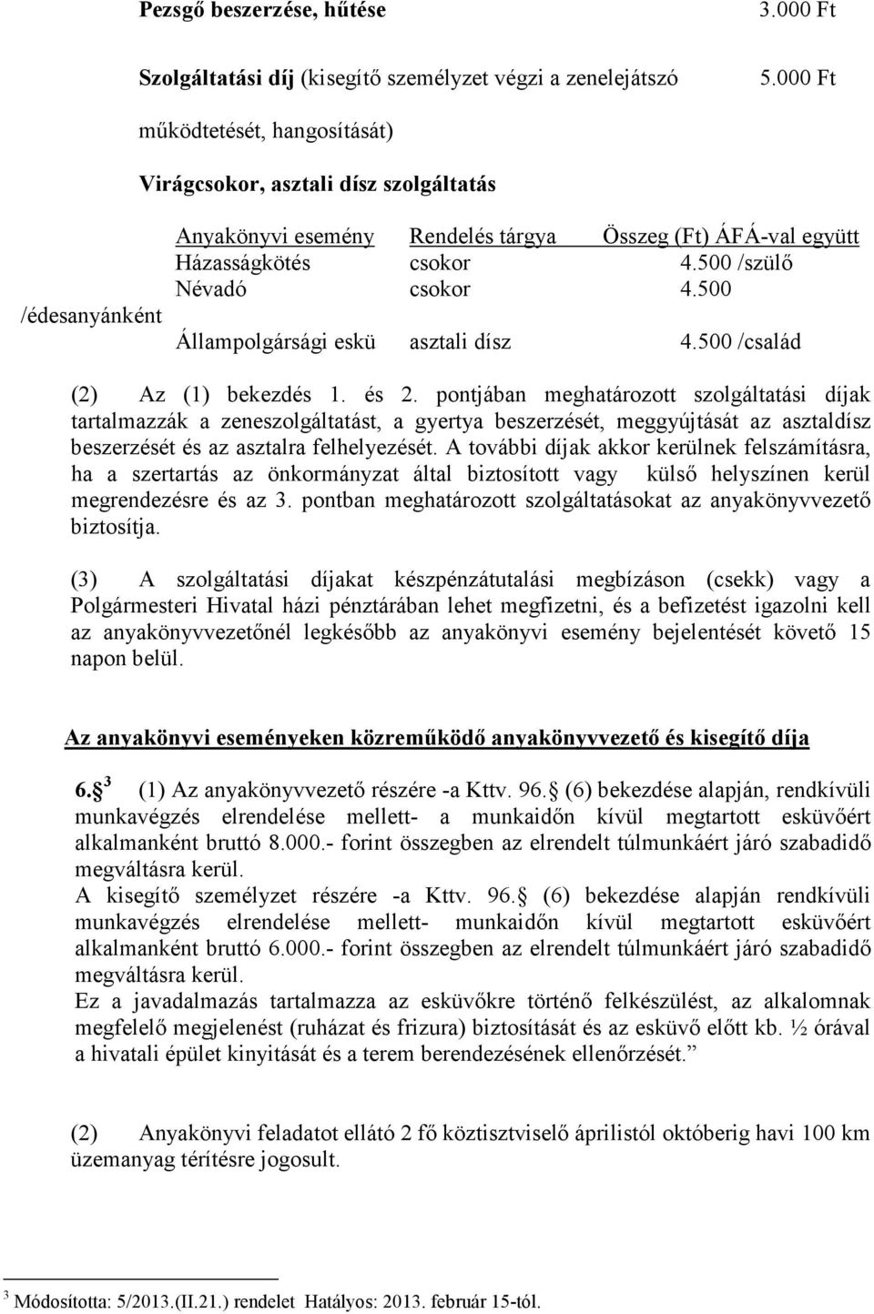 500 /szülı Névadó csokor 4.500 Állampolgársági eskü asztali dísz 4.500 /család (2) Az (1) bekezdés 1. és 2.