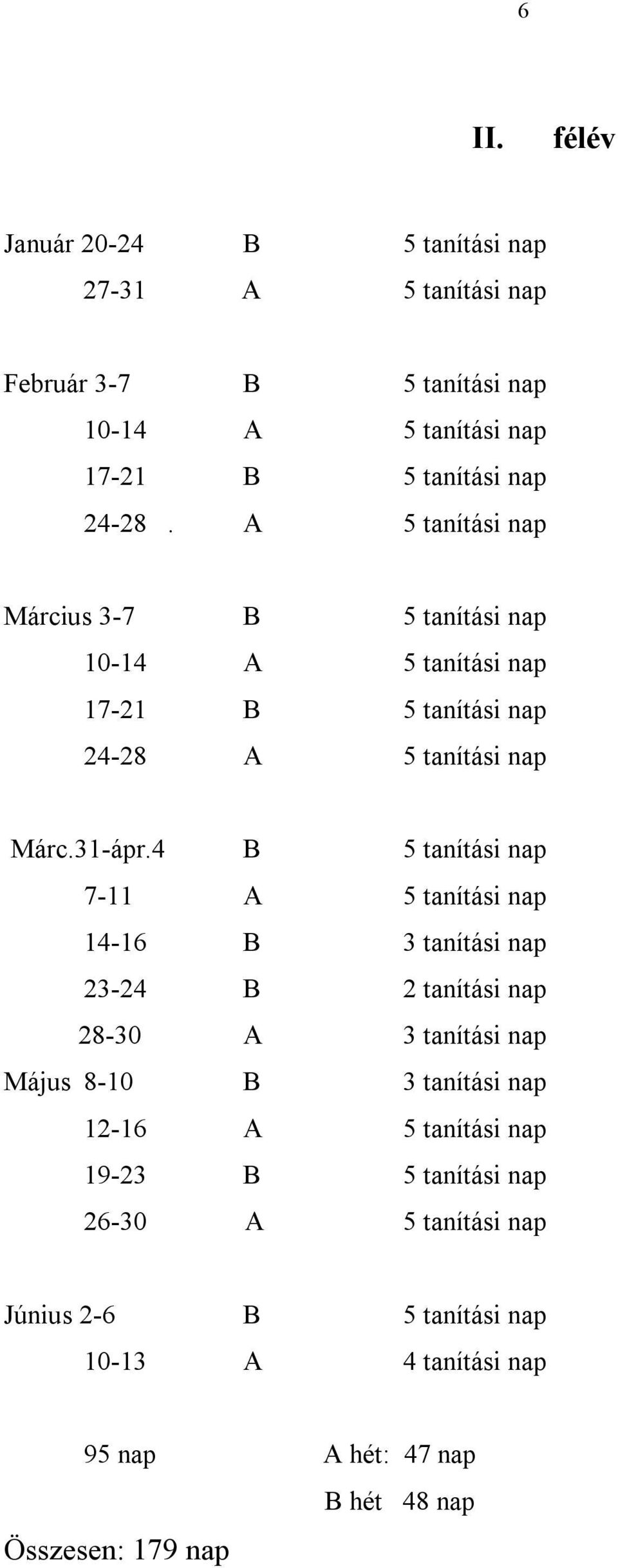 4 B 5 tanítási nap 7-11 A 5 tanítási nap 14-16 B 3 tanítási nap 23-24 B 2 tanítási nap 28-30 A 3 tanítási nap Május 8-10 B 3 tanítási nap 12-16 A