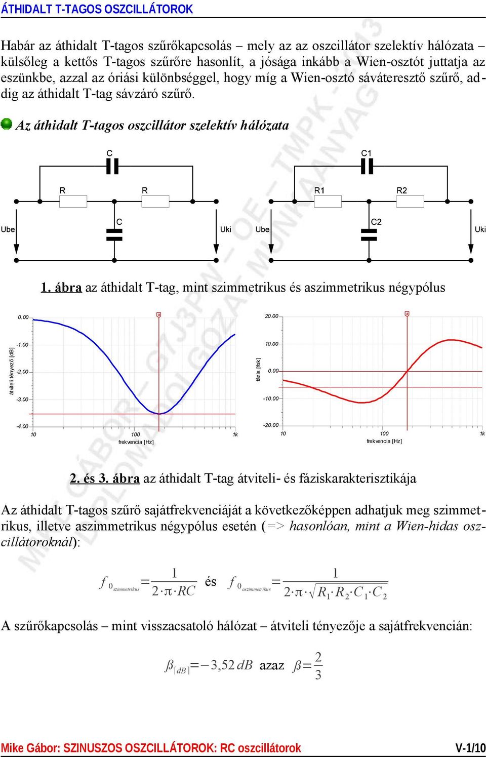 ábra az áthidalt T-tag, mint szimmetrikus és aszimmetrikus négypólus a a 20.00 10.00-1.00 fázis [fok] átviteli tényező [db] 0.00-2.00 0.00-10.00-3.00-20.00-4.