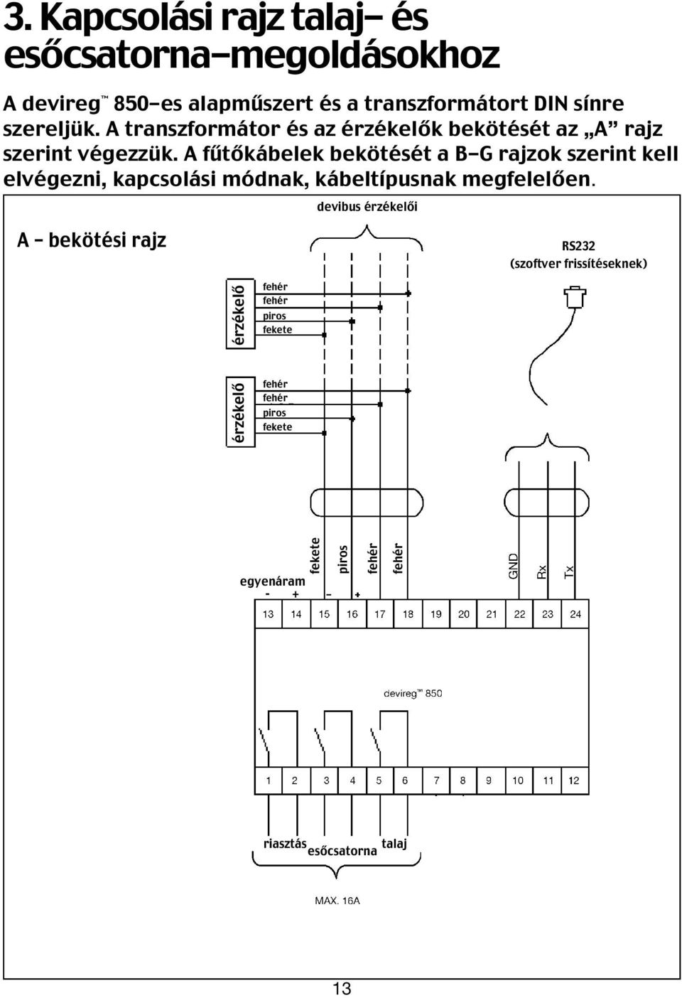 A fűtőkábelek bekötését a B-G rajzok szerint kell elvégezni, kapcsolási módnak, kábeltípusnak megfelelően.