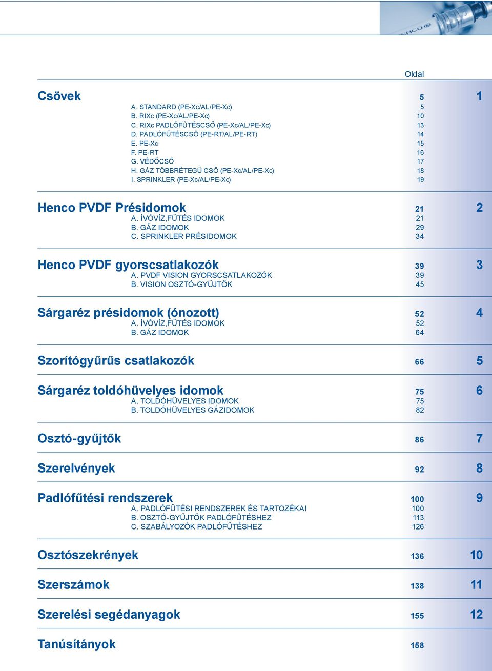 PVDF VISION GYORSCSATLAKOZÓK B. VISION OSZTÓ-GYŰJTŐK Sárgaréz présidomok (ónozott) A. ÍVÓVÍZ,FŰTÉS IDOMOK B. GÁZ IDOMOK Szorítógyűrűs csatlakozók Sárgaréz toldóhüvelyes idomok A.