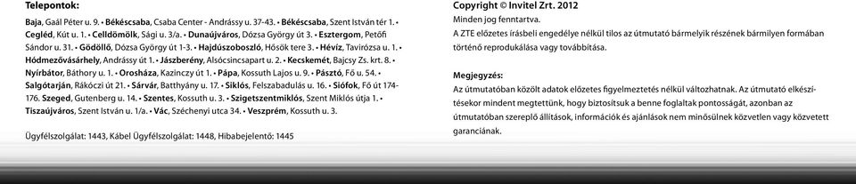 Kecskemét, Bajcsy Zs. krt. 8. Nyírbátor, Báthory u. 1. Orosháza, Kazinczy út 1. Pápa, Kossuth Lajos u. 9. Pásztó, Fő u. 54. Salgótarján, Rákóczi út 21. Sárvár, Batthyány u. 17.