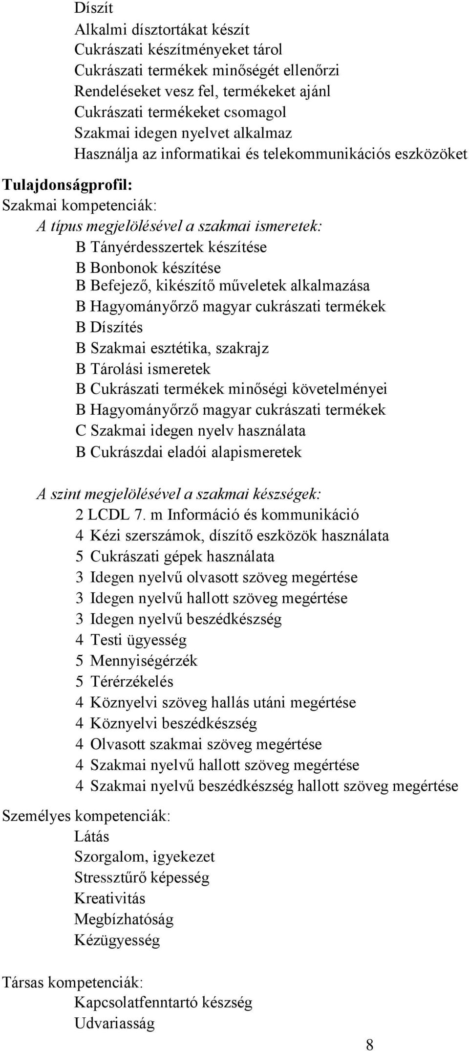 készítése B Befejező, kikészítő műveletek alkalmazása B Hagyományőrző magyar cukrászati termékek B Díszítés B Szakmai esztétika, szakrajz B Tárolási ismeretek B Cukrászati termékek minőségi