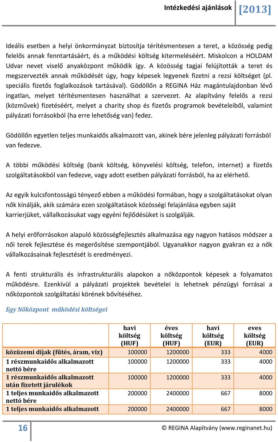 speciális fizetős foglalkozások tartásával). Gödöllőn a REGINA Ház magántulajdonban lévő ingatlan, melyet térítésmentesen használhat a szervezet.