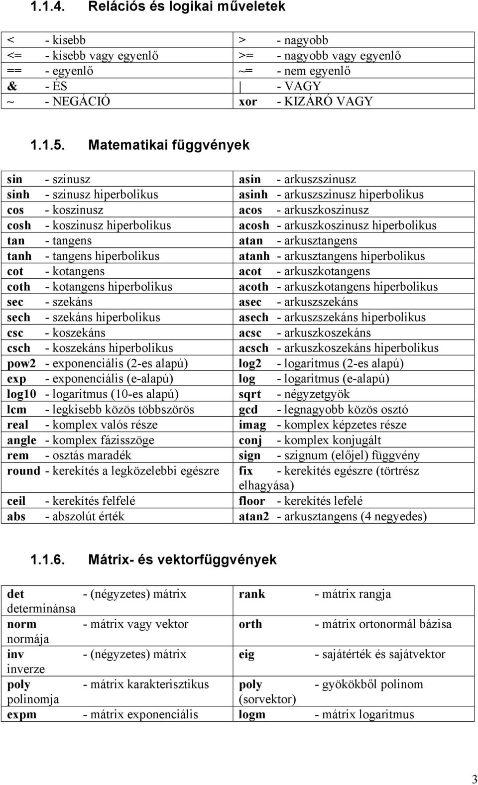 arkuszkoszinusz hiperbolikus tan - tangens atan - arkusztangens tanh - tangens hiperbolikus atanh - arkusztangens hiperbolikus cot - kotangens acot - arkuszkotangens coth - kotangens hiperbolikus