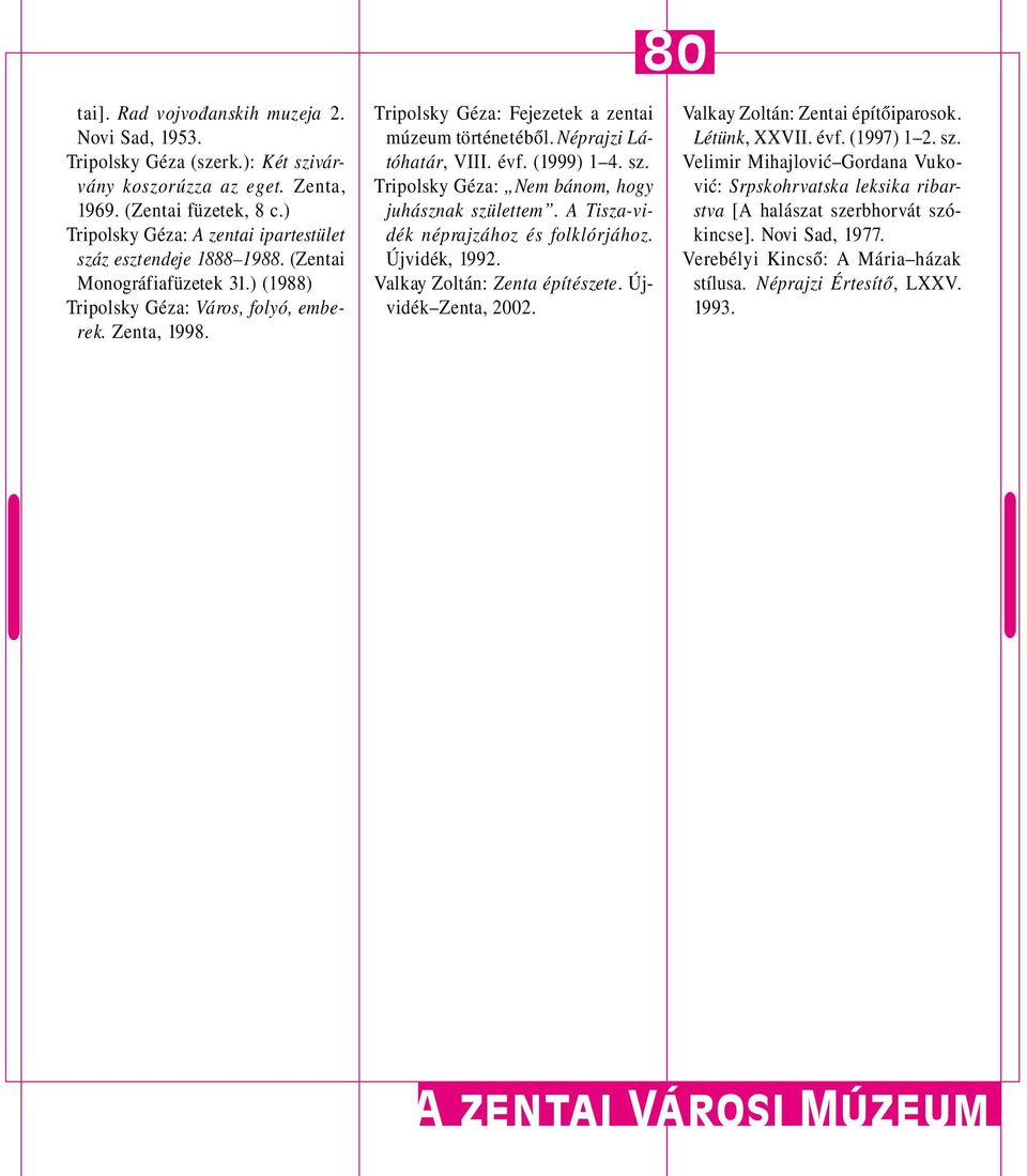 Tripolsky Géza: Fejezetek a zentai múzeum történetébõl. Néprajzi Látóhatár, VIII. évf. (1999) 1 4. sz. Tripolsky Géza: Nem bánom, hogy juhásznak születtem. A Tisza-vidék néprajzához és folklórjához.